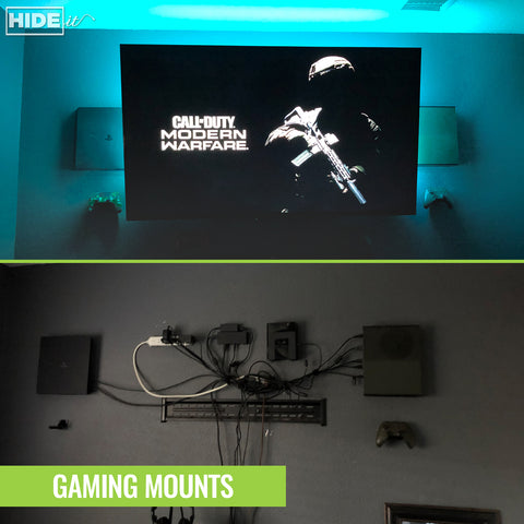 PlayStation and Xbox consoles with controllers wall mounted in HIDEit Mounts.