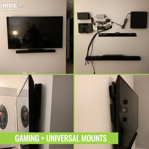 HIDEit gaming and universal mounts safely mount devices behind wall-mounted TVs.