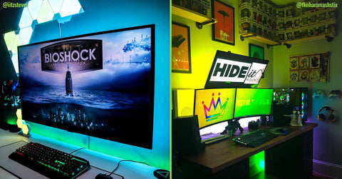 Gaming setups using HIDEit Mounts to wall mount game consoles and controllers.