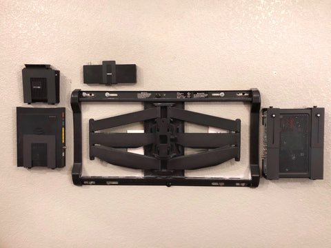 TV wall mount, with cable box, router, modem, and Sonos One Connect shown in HIDEit Mounts