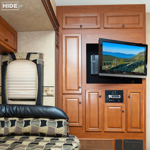 HIDEit Uni-M Wall Mount used in RV to hide cable box behind mounted TV.