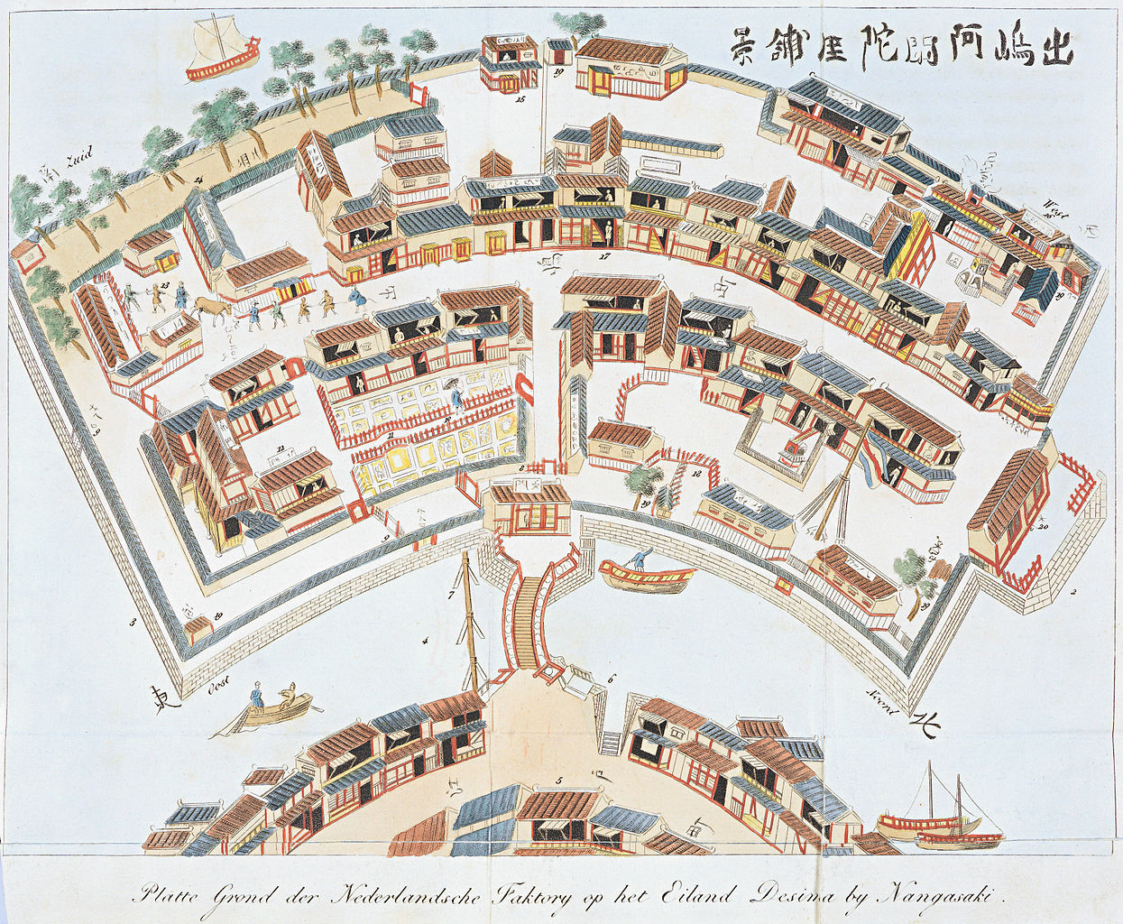An imagined bird's-eye view of Dejima's layout and structures (copied from a woodblock print by Toshimaya Bunjiemon of 1780