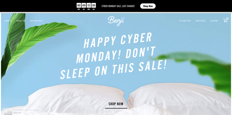 A screenshot of Benji Sleep using Countdown Sales Timer for their Cyber Monday sale