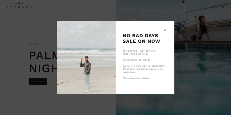 Screenshot of Layback's "No Bad Days Sale" Pixelpop popup