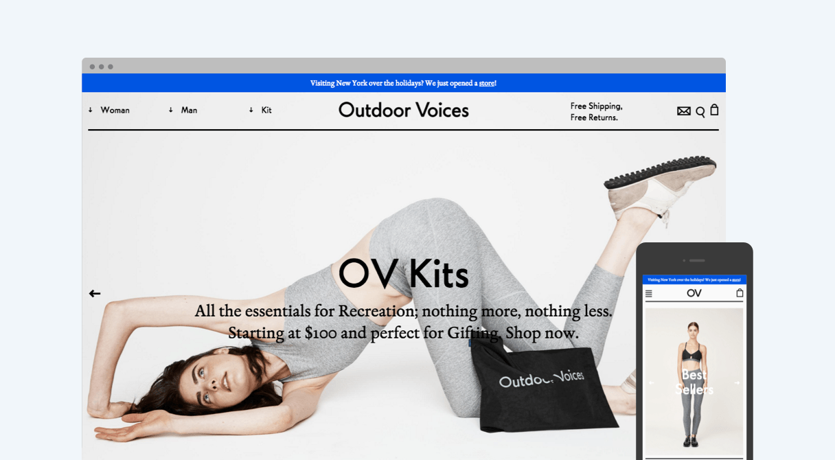 Outdoor Voices homepage on desktop and mobile