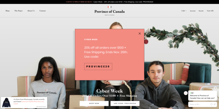 A screenshot of Province of Canada using Pixelpop and Bizzy Social Proof for their Cyber Week sale