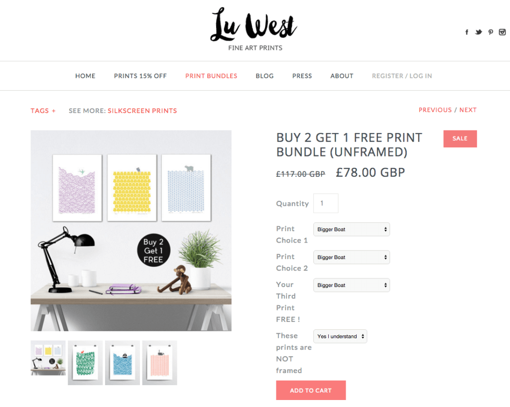 Lu West silkscreen print product page with buy 2 get 1 free promo