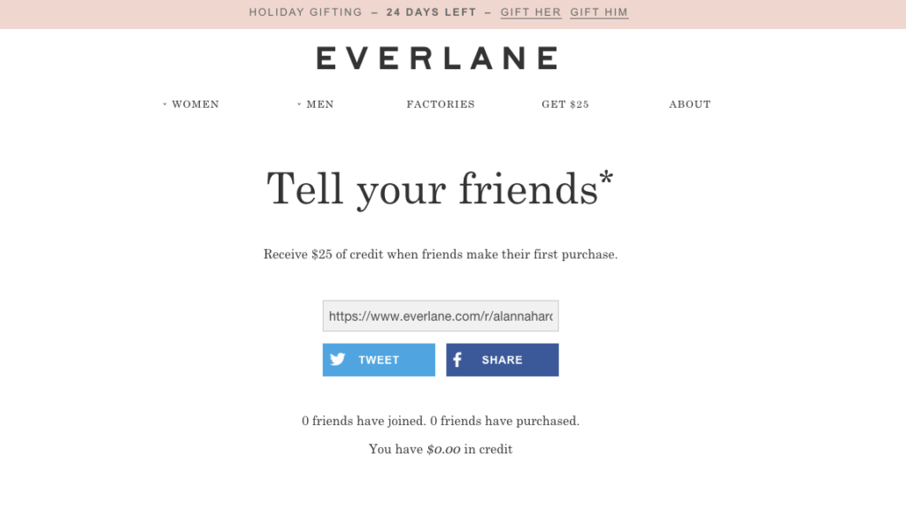 Everlane Facebook and Twitter referral and offer page