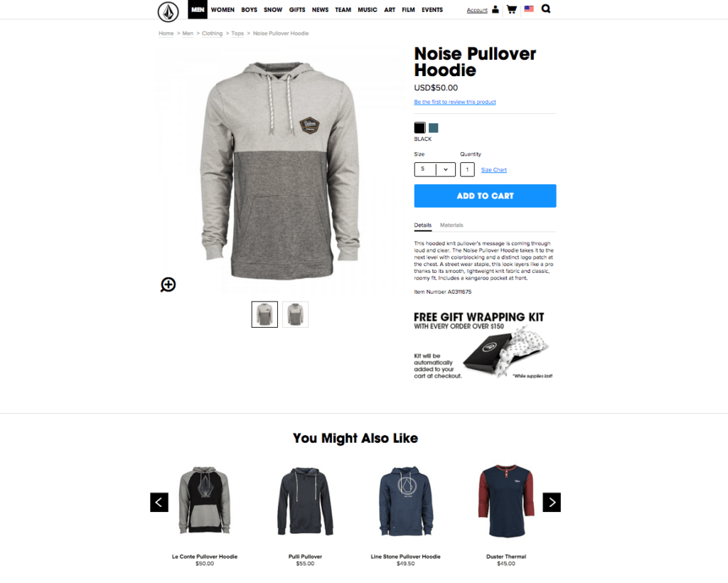 Volcom product page with suggested products at the bottom