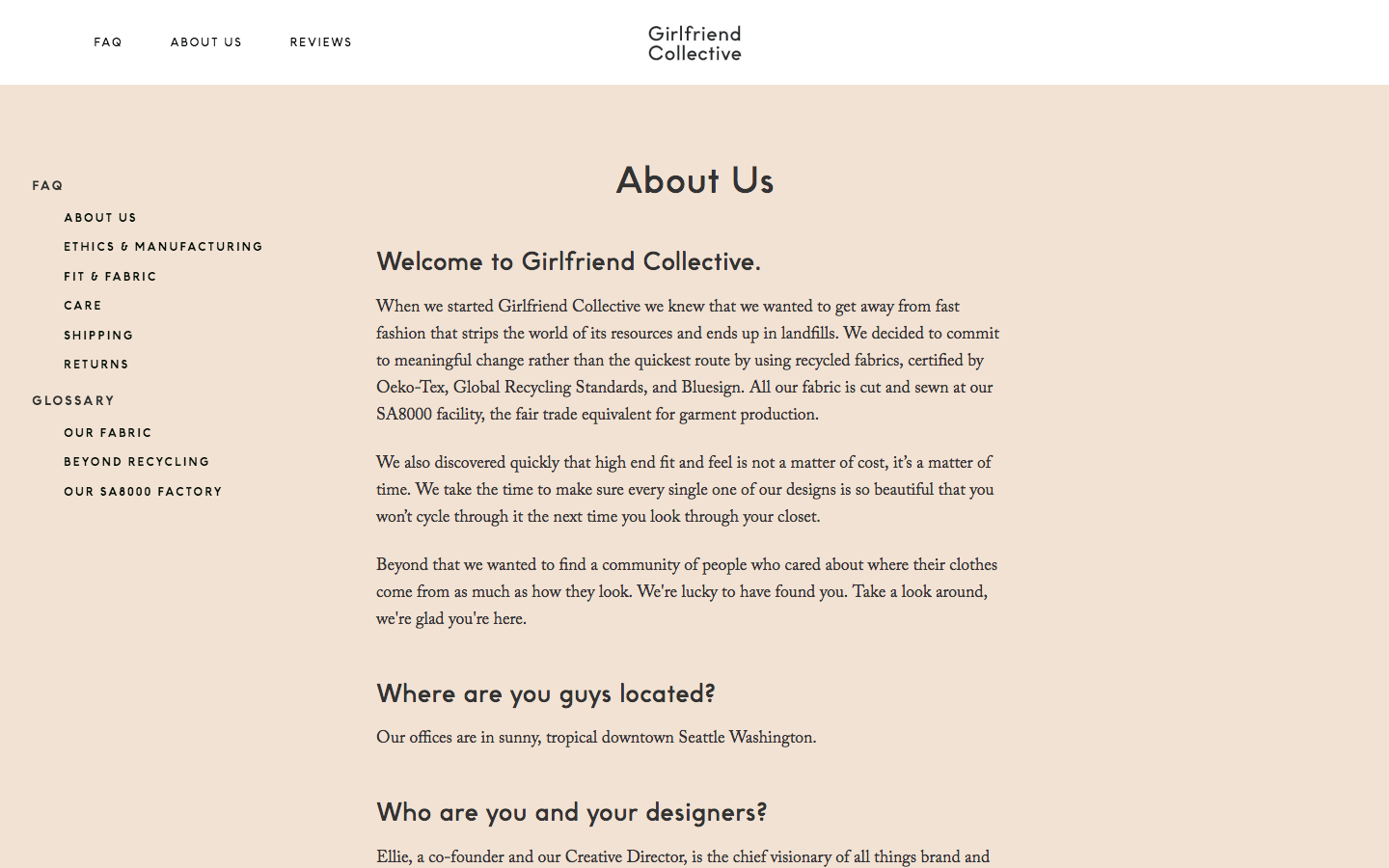 Girlfriend Collective about us page and frequently asked questions