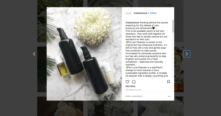 Live Botanical Instagram photo of skincare product bottles without labels