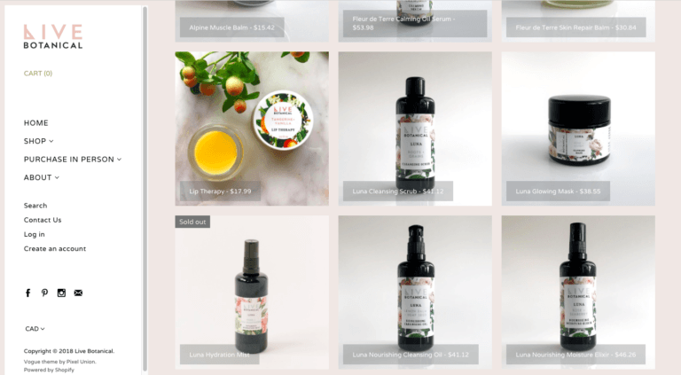 Live Botanical product page