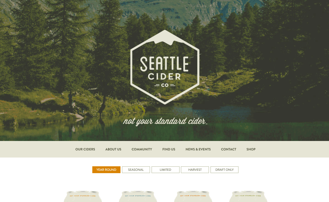 Screencap showing Seattle Cider Co homepage, a good example of creative single-product ecommerce store