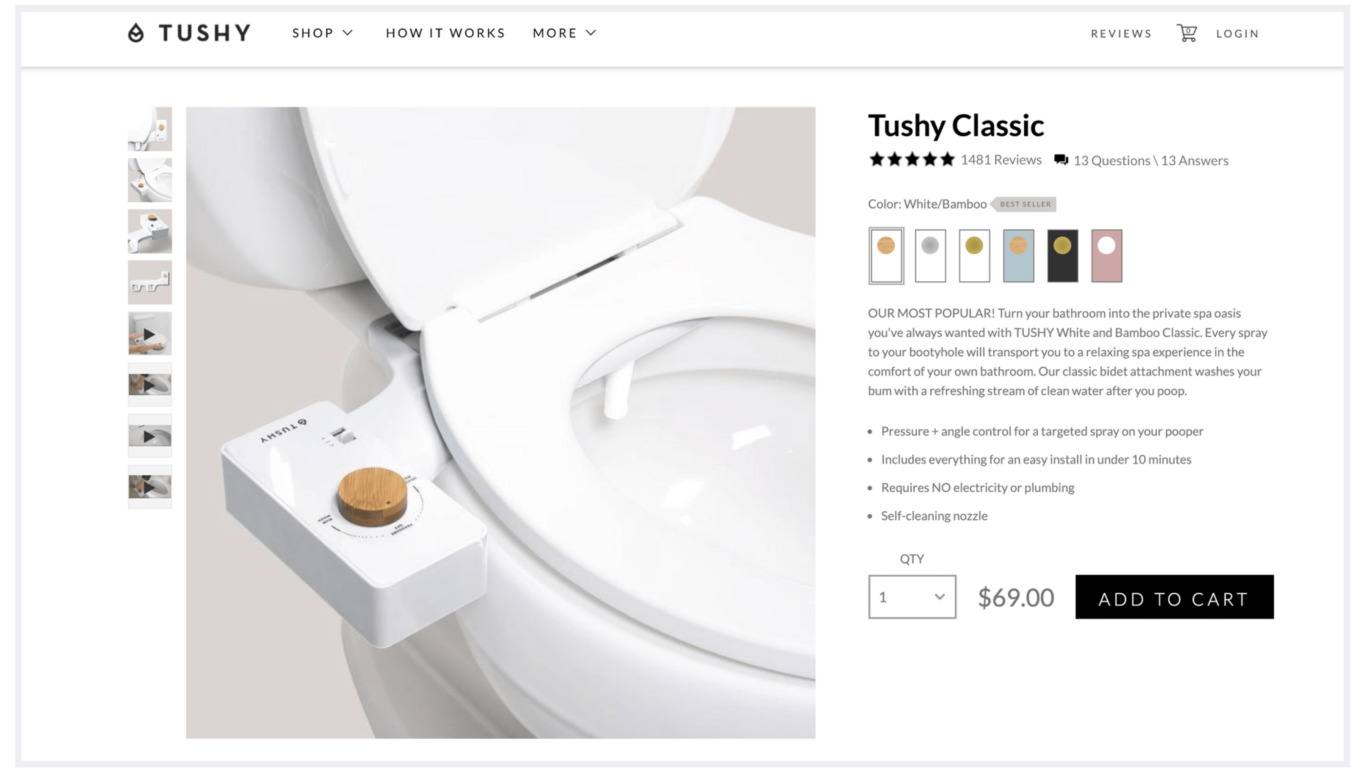 Screenshot of TUSHY product page with a well-written product description