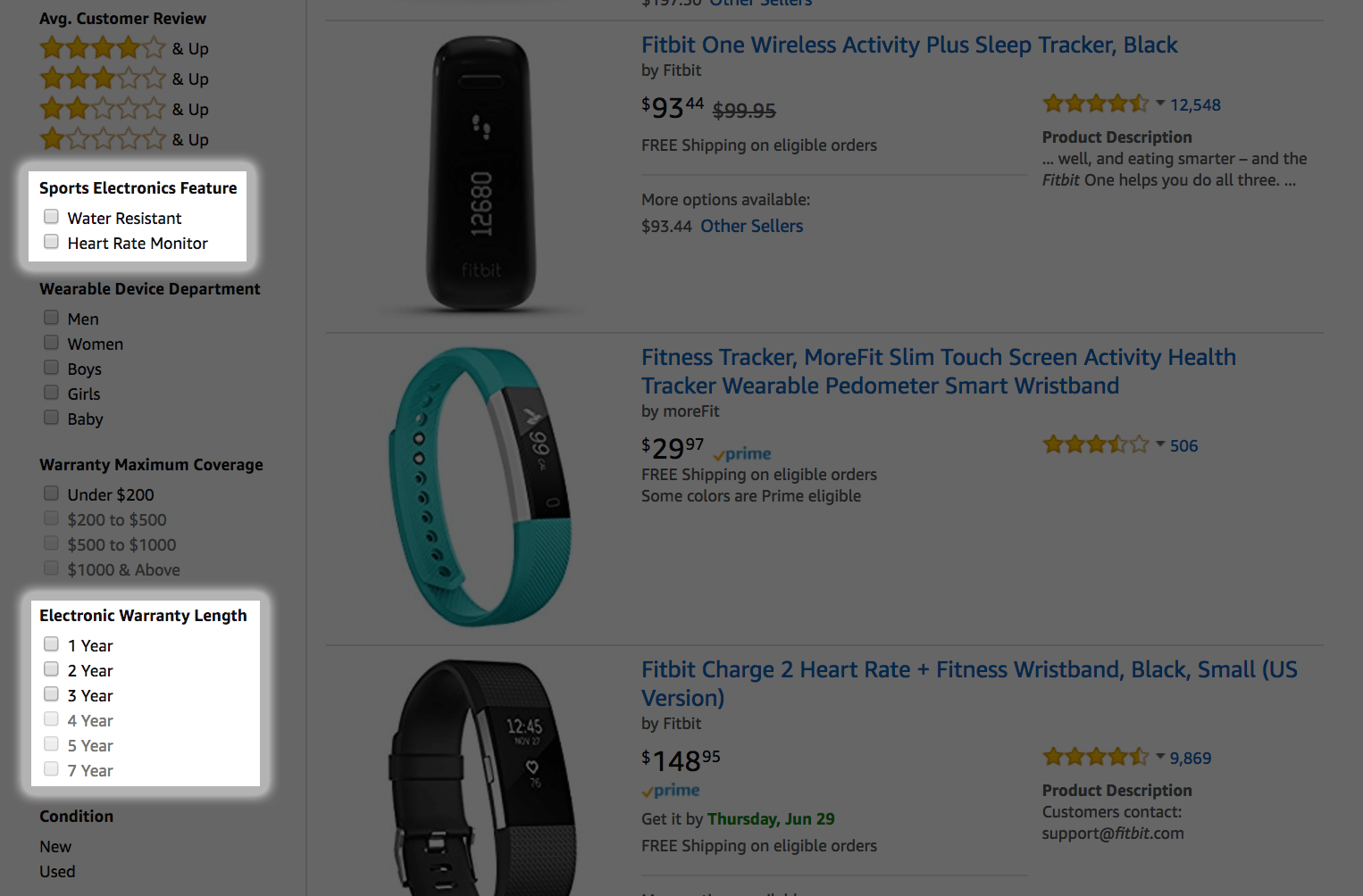 Amazon product filtering feature for Fitbit