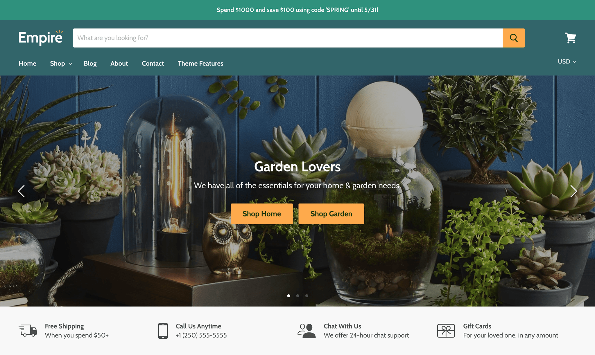 empire theme homepage with gardening background