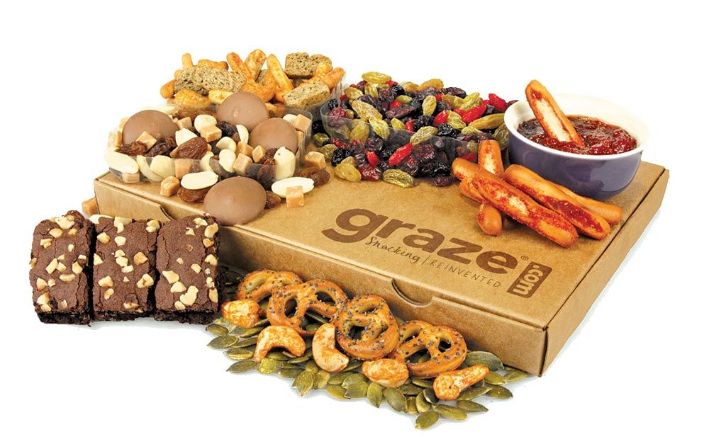 graze food subscription box featuring brownies, pretzels, nuts, and chocolate