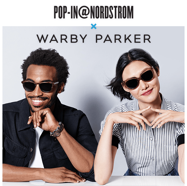 promo for nordstrom and warby parker featuring a man and woman sitting sit by side wearing sunglasses