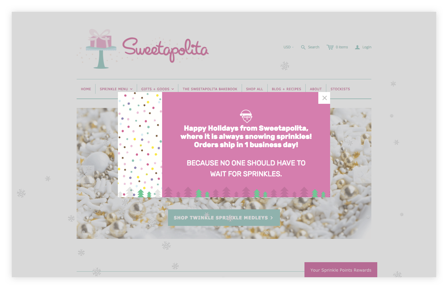 Sweetapolita homepage with shipping info popup