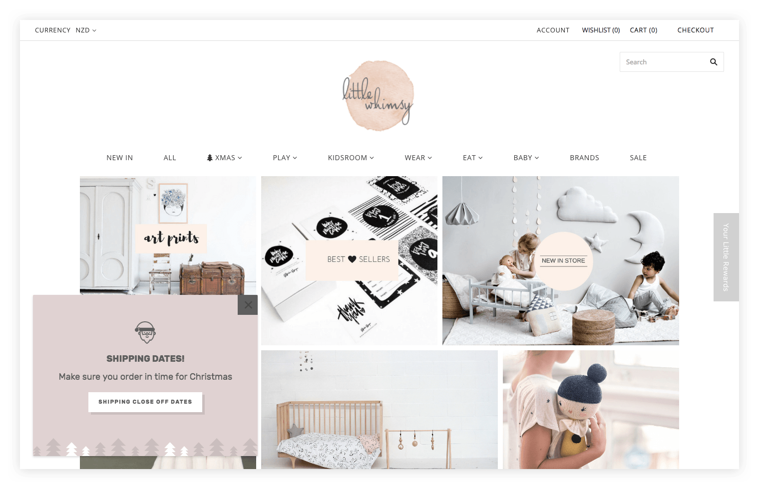 Little Whimsy homepage with shipping reminder popup