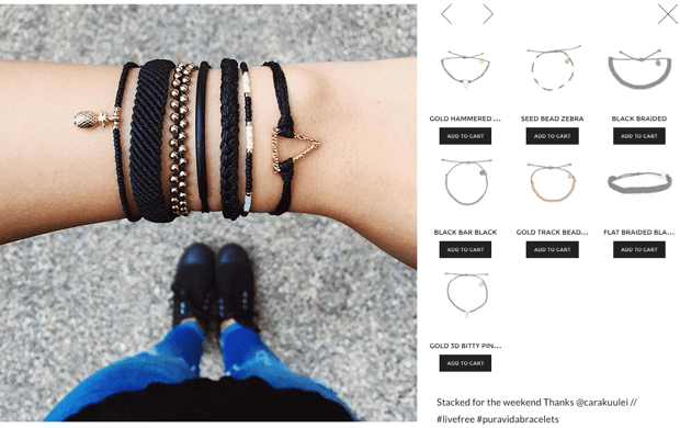 Instagram product image on the left with a collection page of bracelets on the right