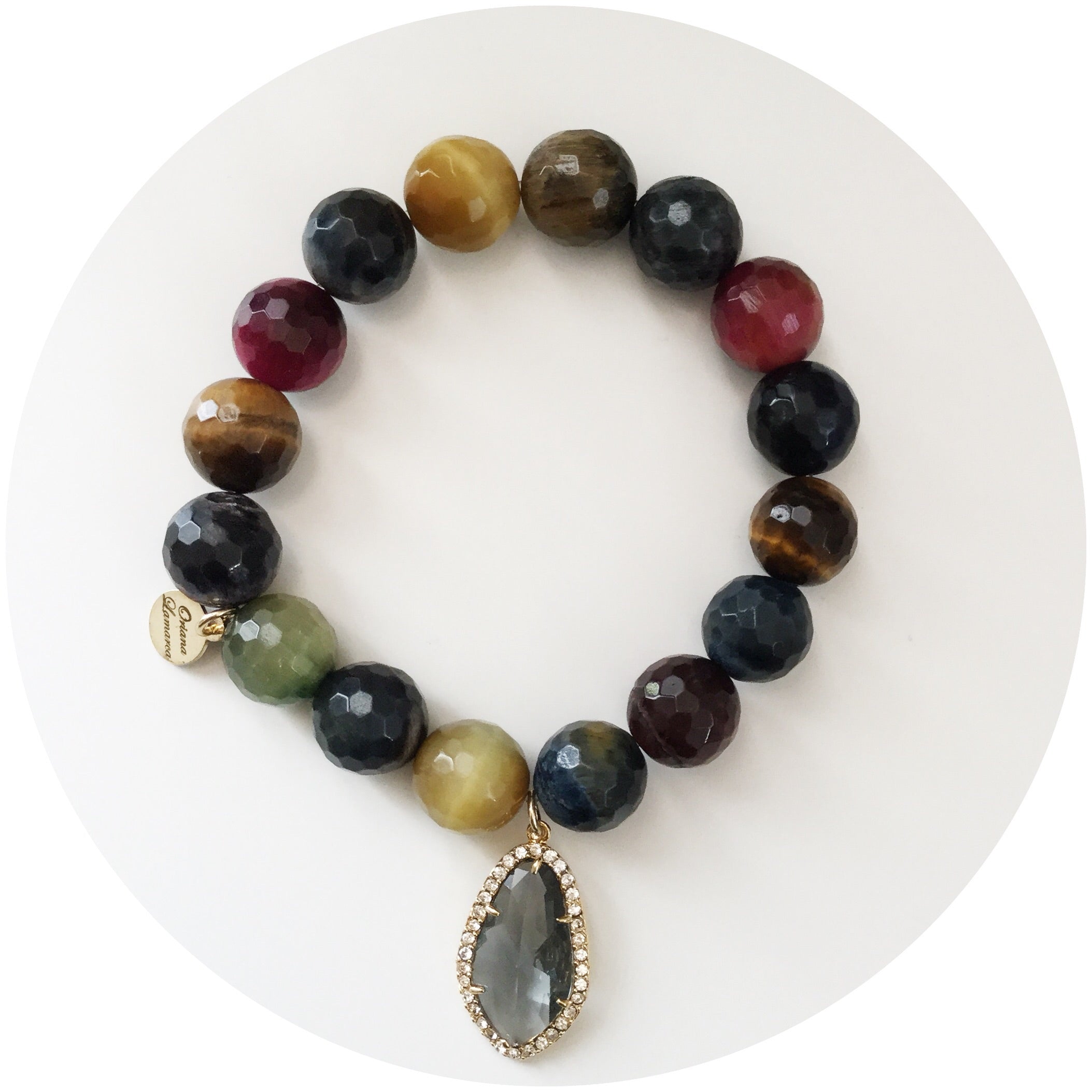 MultiColor Tiger Eye with Pavé Grey Gold Crystal Point Pendant - Oriana Lamarca LLC