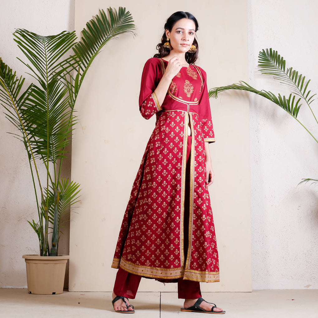 Maroon Peshwaz Front Slit Cotton Kurta Pant Set