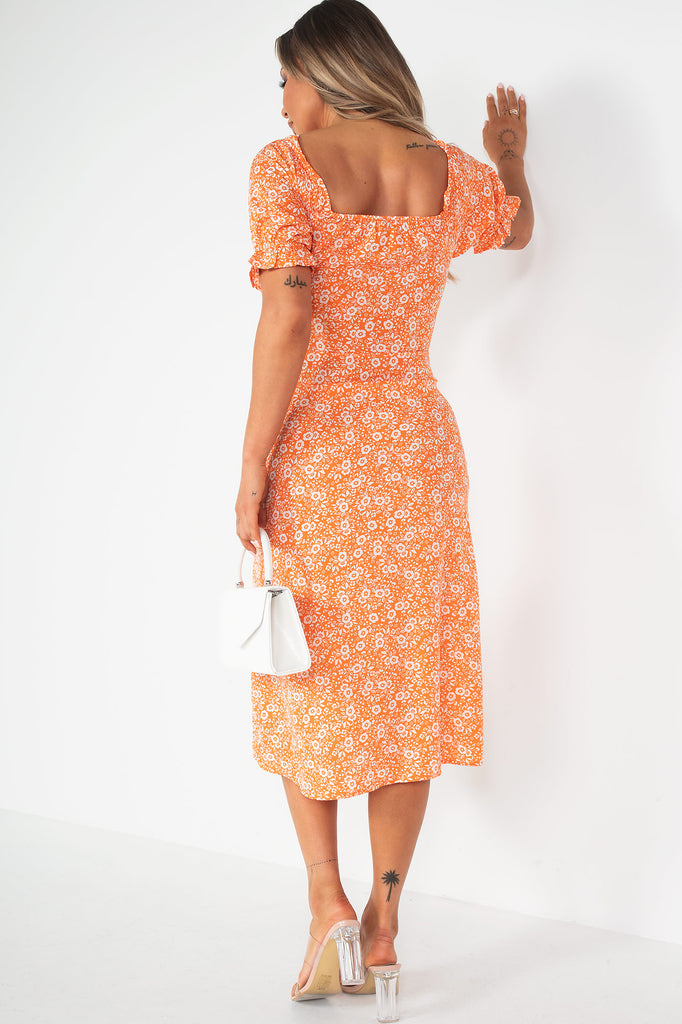 Cath Orange Floral Midi Dress