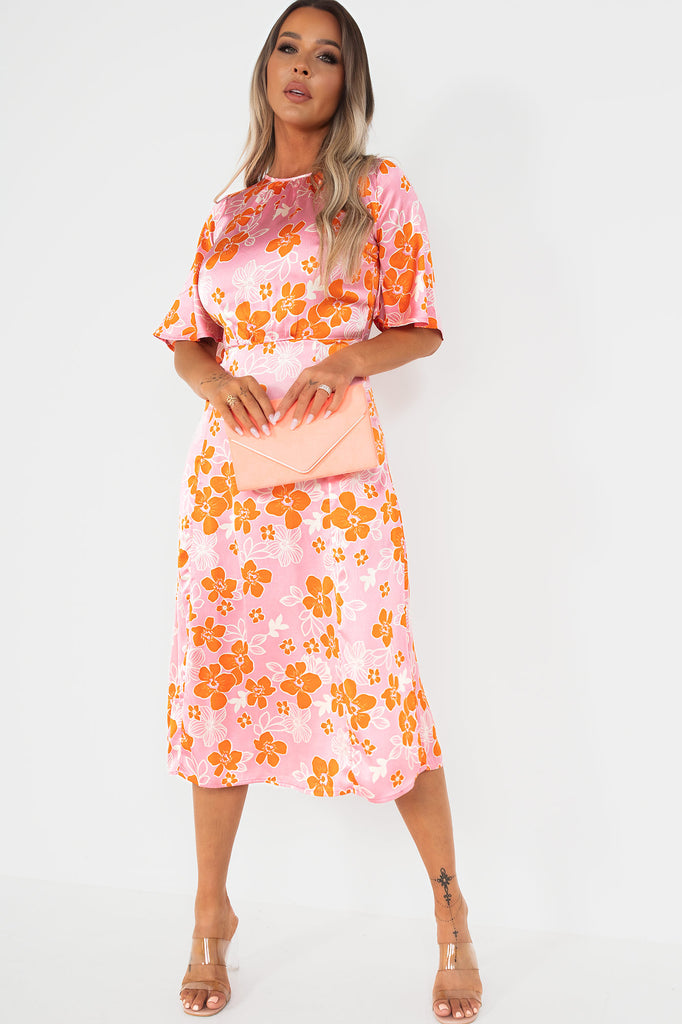 Enzo Pink Satin Floral Midi Dress