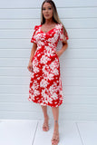 Girl In Mind Maria Red Satin Floral Dress