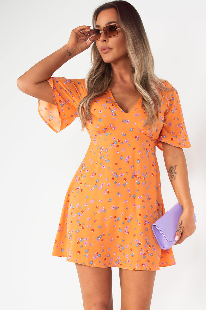 Roz Orange Ditsy Print Dress