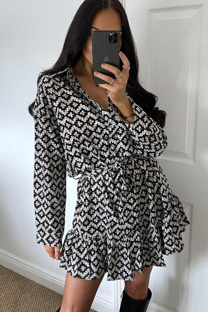 Izara Black Printed Shirt Dress