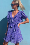 Shari Purple Ditsy Print Frill Wrap Dress