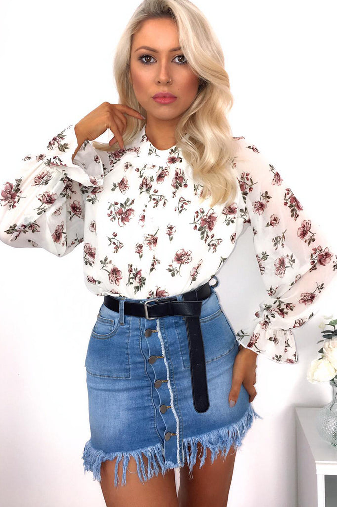 Lindie Light Blue Frayed Hem Denim Skirt