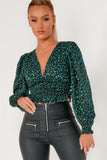 Adelia Green Abstract Print Shirred Waist Top