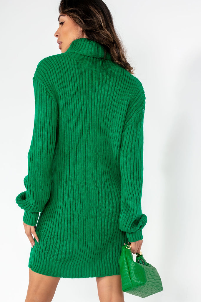 Alaina Green Knitted Roll Neck Jumper Dress