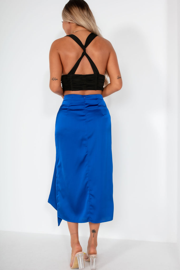 Andra Blue Satin Draped Detail Skirt