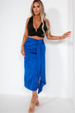 Andra Blue Satin Draped Detail Skirt