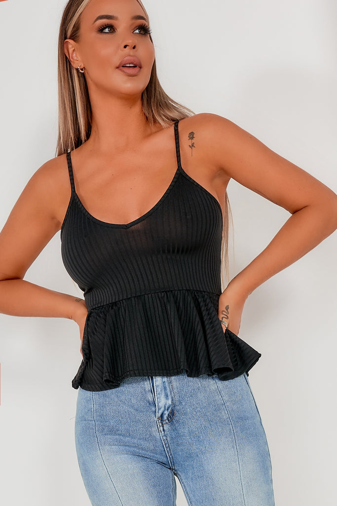 Arabella Black Ribbed Peplum Top