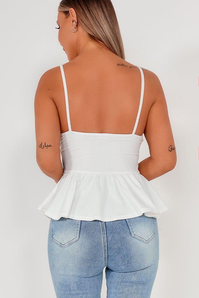 Arabella White Ribbed Peplum Top