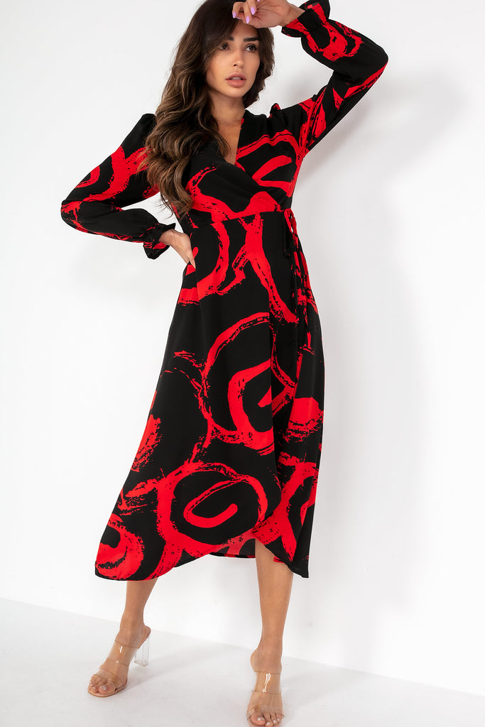 AX Paris Adalynn Black & Red Printed Wrap Midi Dress