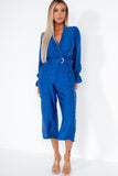 AX Paris Audrey Blue Satin Printed Jumpsuit