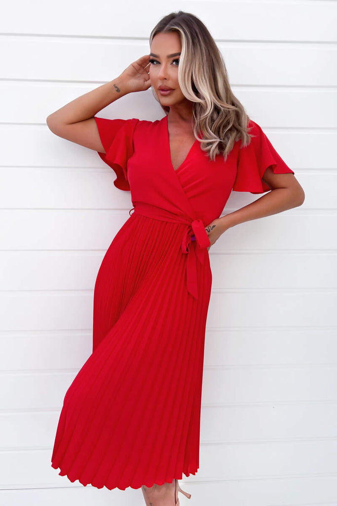 AX Paris Brissa Red Pleated Midi Dress