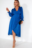 AX Paris Quiana Blue Satin Printed Wrap Dress