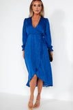 AX Paris Quiana Blue Satin Printed Wrap Dress