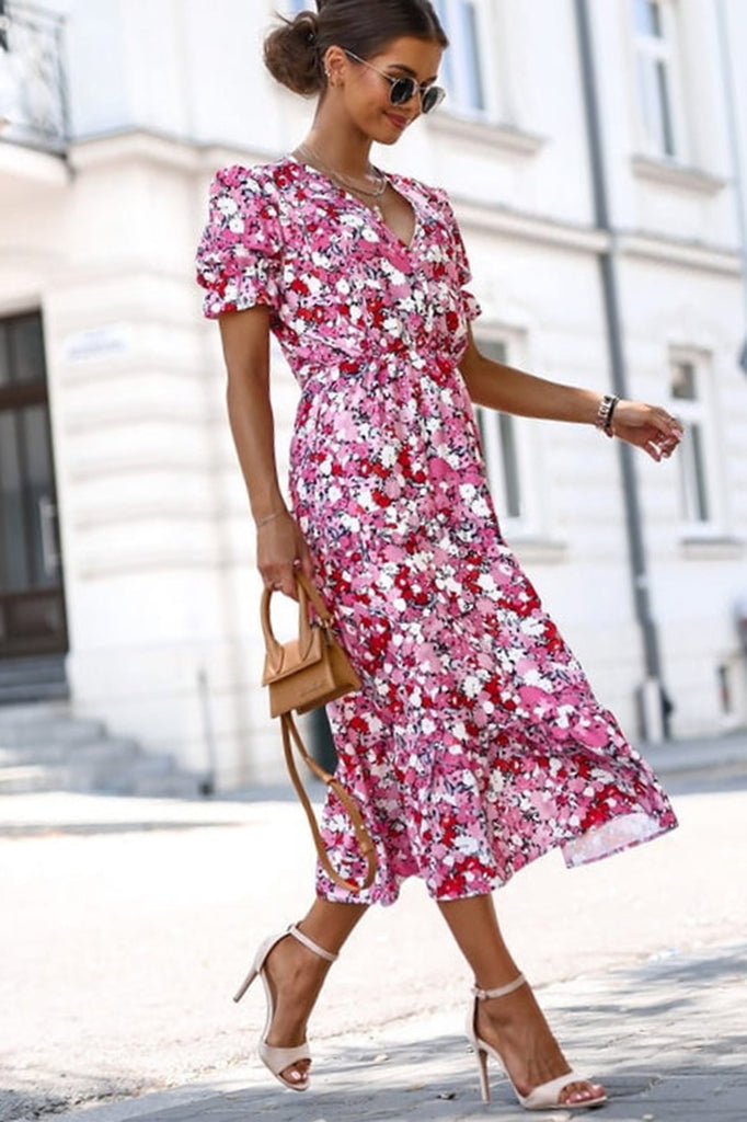 Jordyn Pink and Red Floral Midi Dress