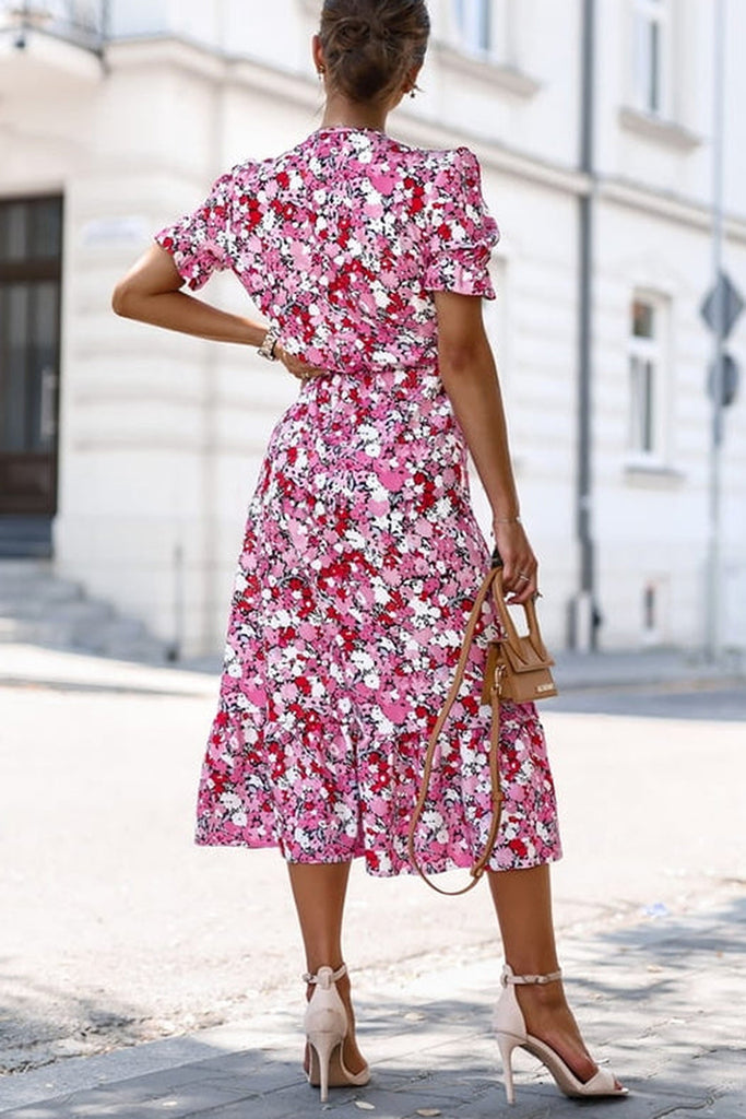 Jordyn Pink and Red Floral Midi Dress