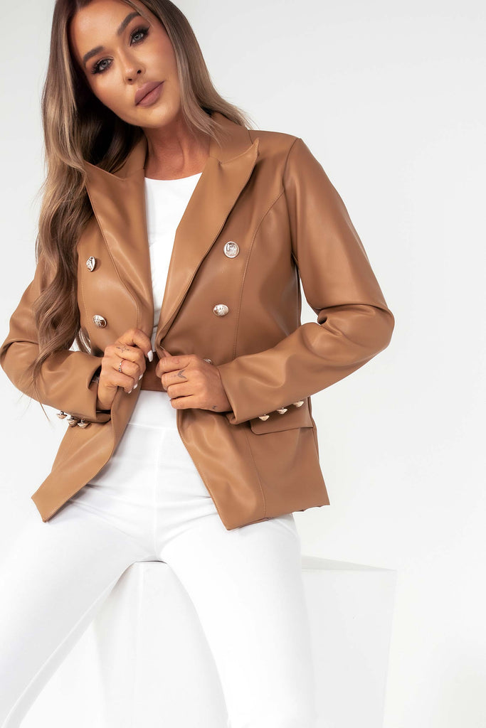 Cecilia Deep Tan Faux Leather Blazer