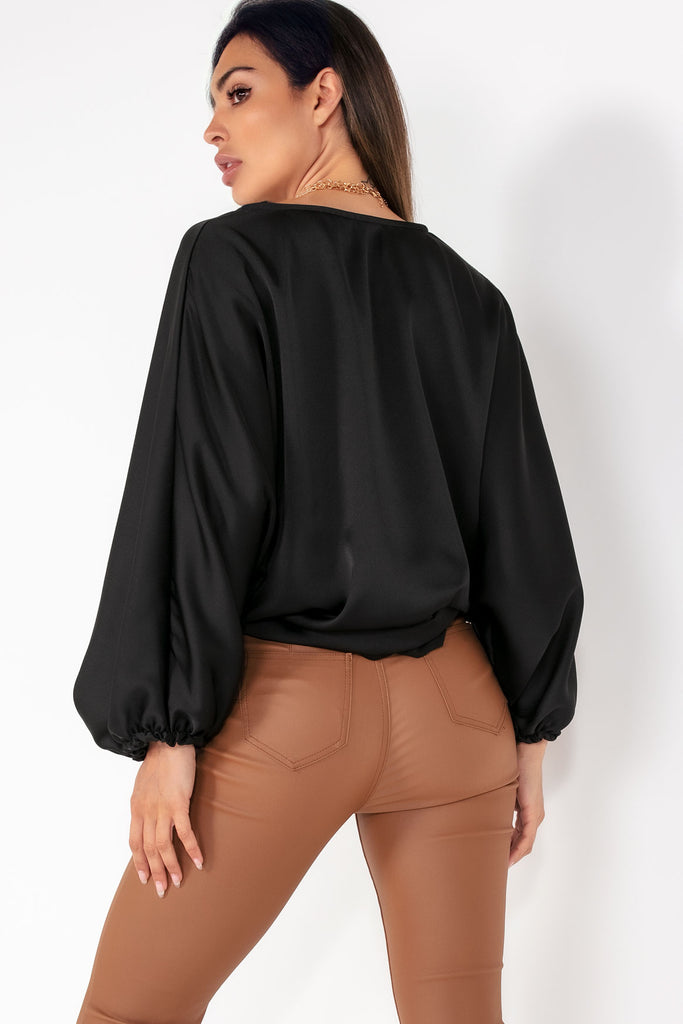 Clare Black Satin Batwing Sleeve Top