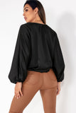 Clare Black Satin Batwing Sleeve Top